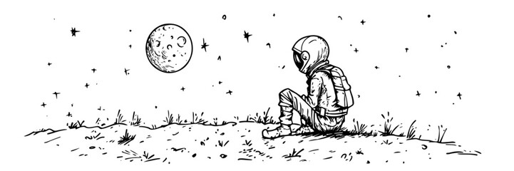 astronaut sitting on alien planet under moon, hand drawn vintage engraving