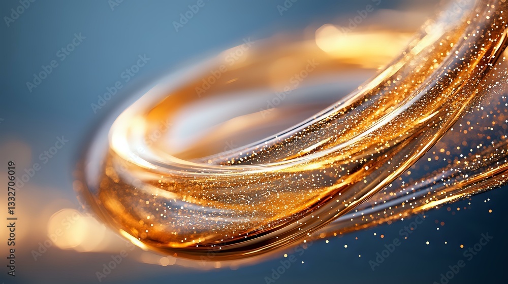 Poster flowing golden liquid with glittering particles creates abstract wave pattern against dark backgroun