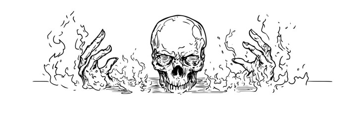 skull rising from flames with hands, hand drawn vintage engraving