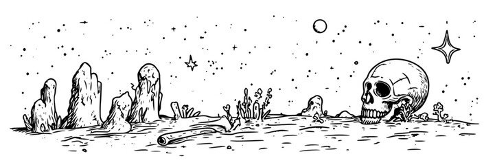 skull in desolate landscape with stars, hand drawn vintage engraving