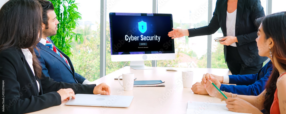 Poster cyber security system on computer screen protect private information snugly from hacker and cyber at