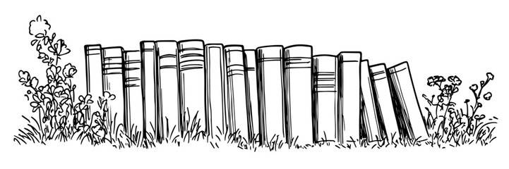 stack of books in grass illustration doodle black vector ink sketch © Kaz