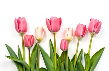 Fototapeta premium Pink spring tulips on a white isolated background