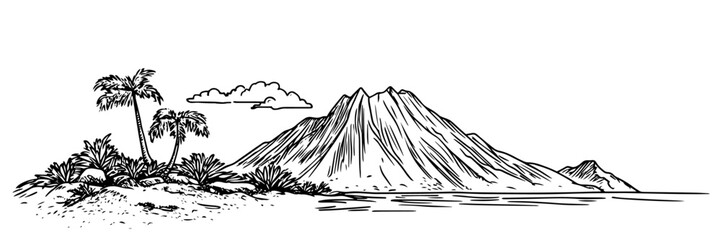 tropical island with volcano and palm trees, hand drawn vintage engraving © Kaz