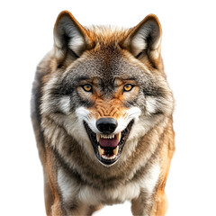 Fototapeta premium Aggressive Gray Wolf Canine CloseUp Wild Animal, Predator, Teeth, Fur, Eyes