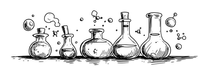 alchemy potion bottles doodle black vector ink sketch