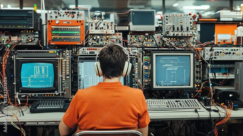 Poster exploring technology in a vintage electronics lab with multiple screens and equipment