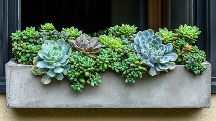 Succulent planter box on windowsill.  A variety of succulents in a light gray concrete planter, positioned on a windowsill.  