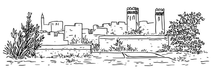 ancient fortress landscape doodle black vector ink sketch