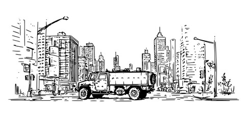 Obraz premium military transport car on the background of the destroyed post-apocalyptic city black vector hand sketch doodle