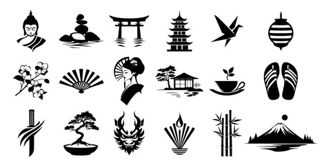 japanese icon set black shape vector geisha, pagoda, torii gate, origami, bamboo, buddha, Mount Fuji