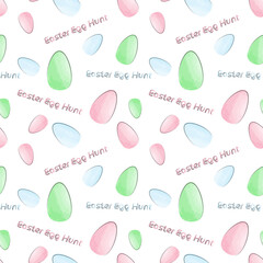 Festive pattern of eggs in watercolor style with line with lettering egg hunt. Creative Easter vector illustration with eggs. 