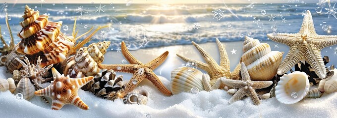 A vibrant summer background showcasing pristine white sand, with seashells and starfish adding a coastal touch