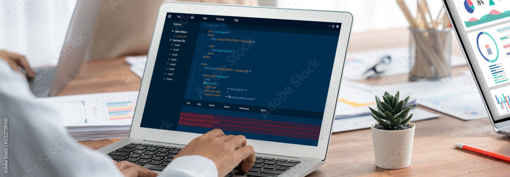Poster Software development programming on computer screen for brisk application and program coding