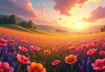 Obraz premium stunning vibrant landscapes displaying natural elements dynamic changes forms, nature, color, sky, forest, mountain, water, tree, grass, flower, rock