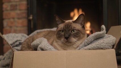 Cozy Burmese cat in cardboard box by fireplace