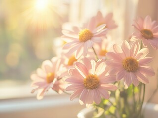Gentle pink daisies illuminated by soft sunlight in a serene indoor setting with a warm and inviting atmosphere