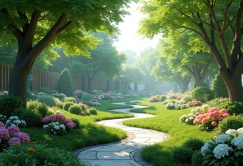 Obraz premium exploring innovative landscape designs featuring lush vibrant greenery harmonious outdoor environment, architecture, garden, nature, park, plants, trees