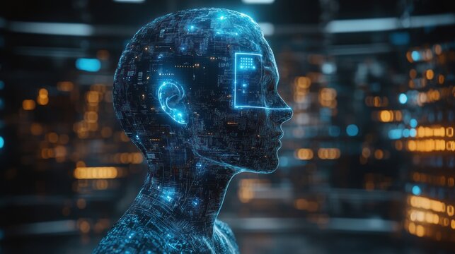 Futuristic AI head profile in server room, data processing - Powered by Adobe