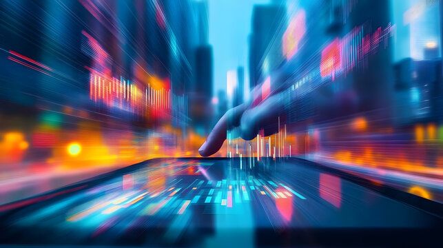 Abstract creative financial graph with finger clicks on a digital tablet on background, forex and investment concept. Multiexposure
