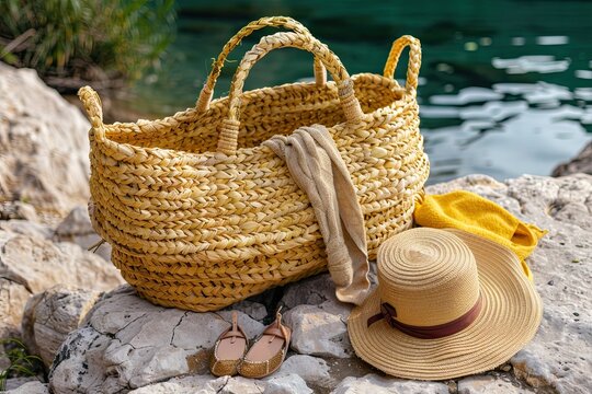A summer-themed beach bag with a women's purse, showcasing travel accessories for sun safety. Items like sunglasses, tanning oil, sunscreen, and a hat are neatly placed on a towel