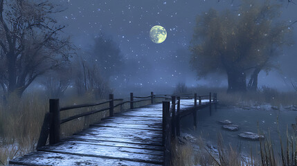 Full Moon Over a Snow-Covered Bridge in a Winter Landscape