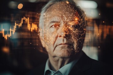 An older man's face is overlaid with a network of glowing lines and stock market data, symbolizing technological integration and age.