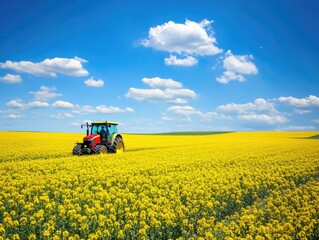 Fototapeta premium Tractor in Yellow Flower Field