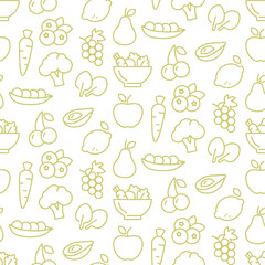 Fruits and Vegetables seamless pattern background. Healthy eating - apple, avocado, carrot, broccoli and others line icons. Vegetarian, farm grocery store vector illustration, green white color