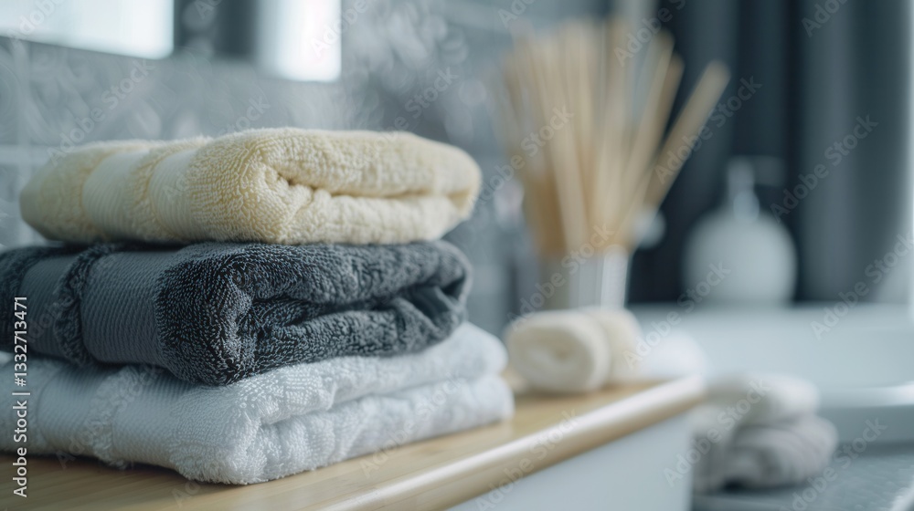 Aufkleber cozy bathroom arrangement with neatly folded towels, creating a clean and relaxing atmosphere for ho