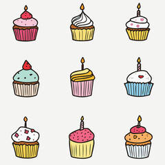 Illustration Set of Birthday cake in Continuous line drawing style