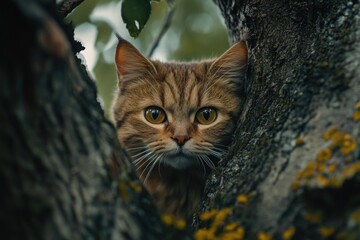 A curious cat peering out from a tree