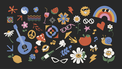 groovy hippie 70s elements, set of retro 70s elements, vector illustration