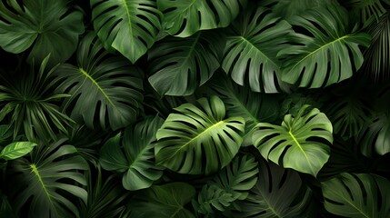 Lush green tropical leaves form a dense and textured background