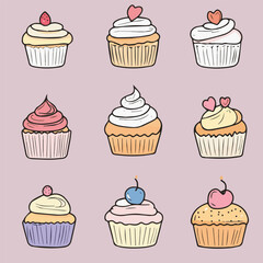 Illustration Set of Birthday cake in Continuous line drawing style