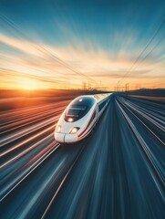 Obraz premium White train on sunset tracks