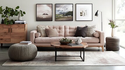 Modern, cozy living room featuring a blush sofa, wooden coffee table, and textured rug.  Artwork adds a touch of nature