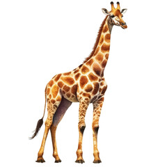Naklejka premium A watercolor painting of a giraffe standing tall against a transparent background in a vibrant artistic style, Watercolor giraffe isolated on transparent background