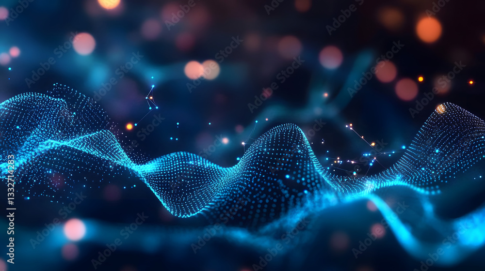 Poster abstract digital waves with glowing particles in vibrant colors on a dark background. 3d rendering i