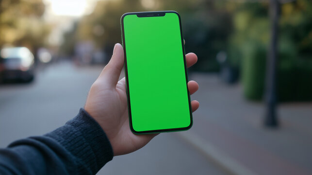 Realistic shot of a person holding a smartphone with a blank green screen