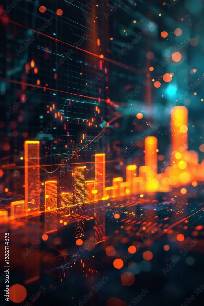 Poster modern fintech background featuring glowing financial graphs and abstract elements
