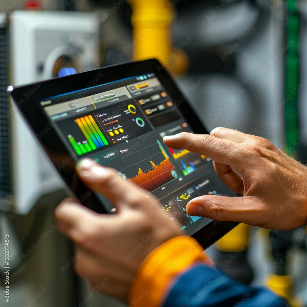 Poster close-up of hands programming a smart energy system using a tablet in a modern facility