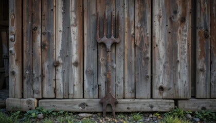 Rustic farming tool displayed against weathered wooden barn agricultural equipment rural setting close-up perspective