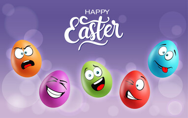Color realistic eggs with funny faces on gradient background. Different emotions, cartoon smile. Set of eggs emoji banner. Happy Easter holiday poster illustration. Various colours.
