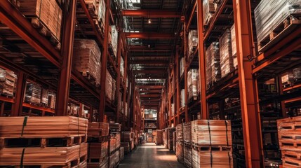 An expansive warehouse filled with neatly stacked pallets showcases an industrial atmosphere, highlighting efficiency and organization within a logistical environment.