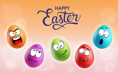 Color eggs with funny faces on gradient background. Different emotions, cartoon smile. Set of eggs emoji banner. Happy Easter holiday poster illustration. Various colours.