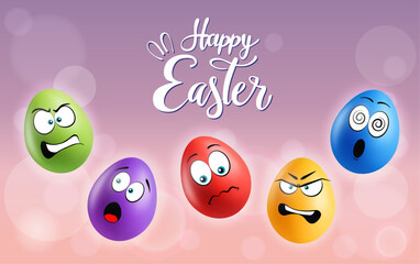 Color eggs with funny faces on gradient background. Different emotions, cartoon smile. Set of eggs emoji banner. Happy Easter holiday poster illustration. Various colours.