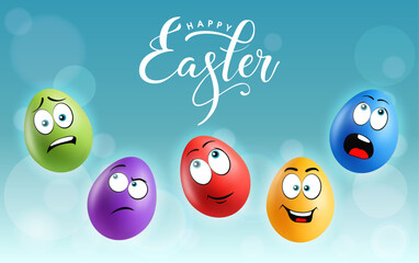 Color eggs with funny faces on gradient background. Different emotions, cartoon smile. Set of eggs emoji banner. Happy Easter holiday poster illustration. Various colours.