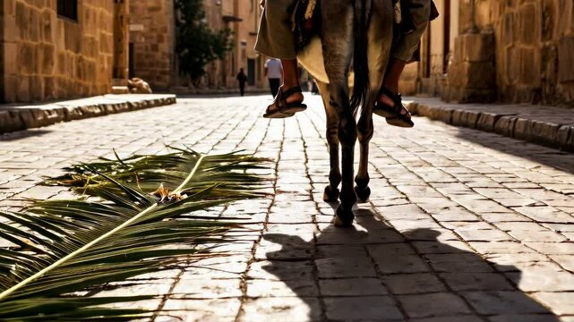 man riding donkey street of old city, sandals almost touching ground, camera follows man, low angle footage , palm branch lying road, warm sunlight of early morning palm Sunday and easter background