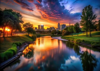 Fototapeta premium Long Exposure Sunset City Park Photography: Rivers, Trees, Skyline, Urban Landscape